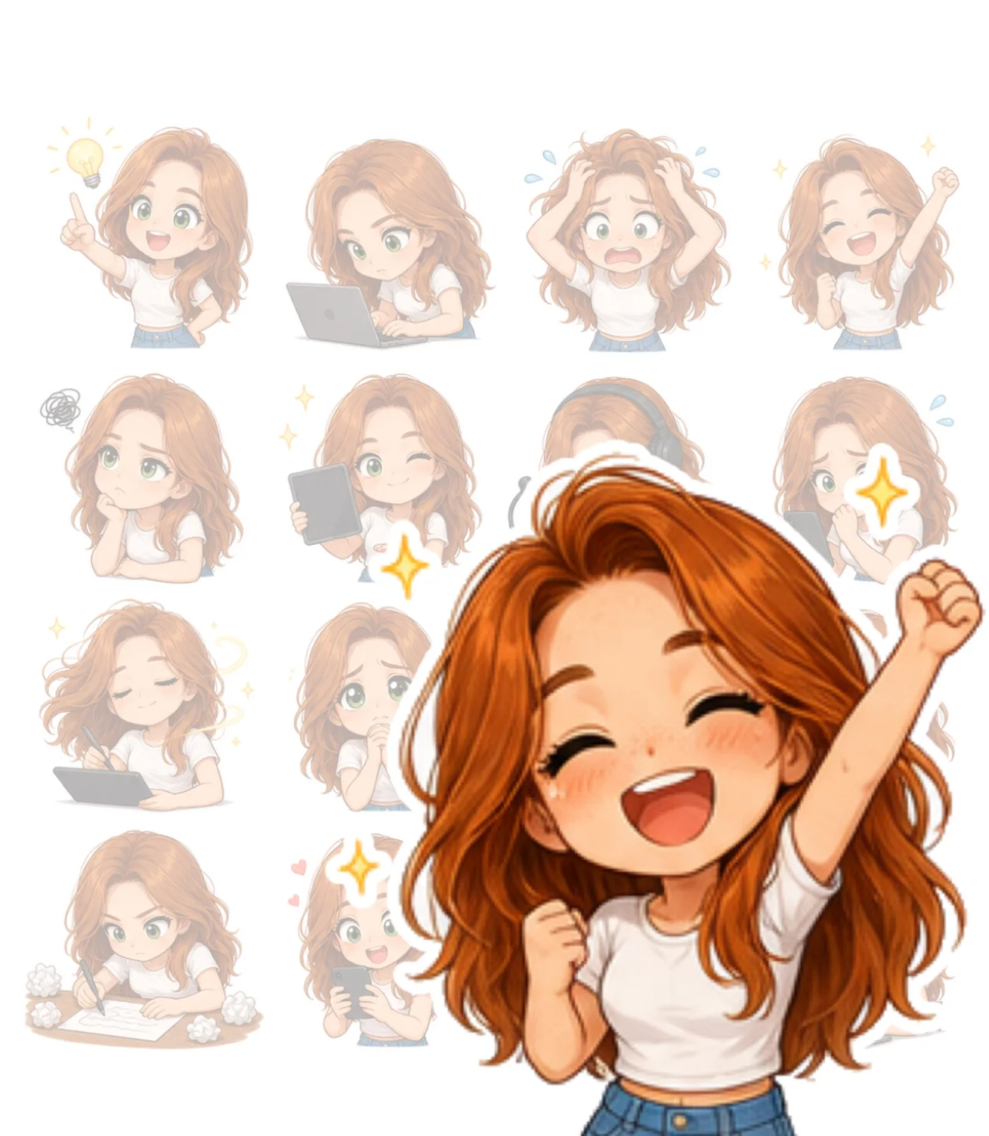 Twelve-cell sticker sheet from GPT Image 2: a finely rendered character with voluminous wavy hair in a white tee, with sparkles and scribbles.