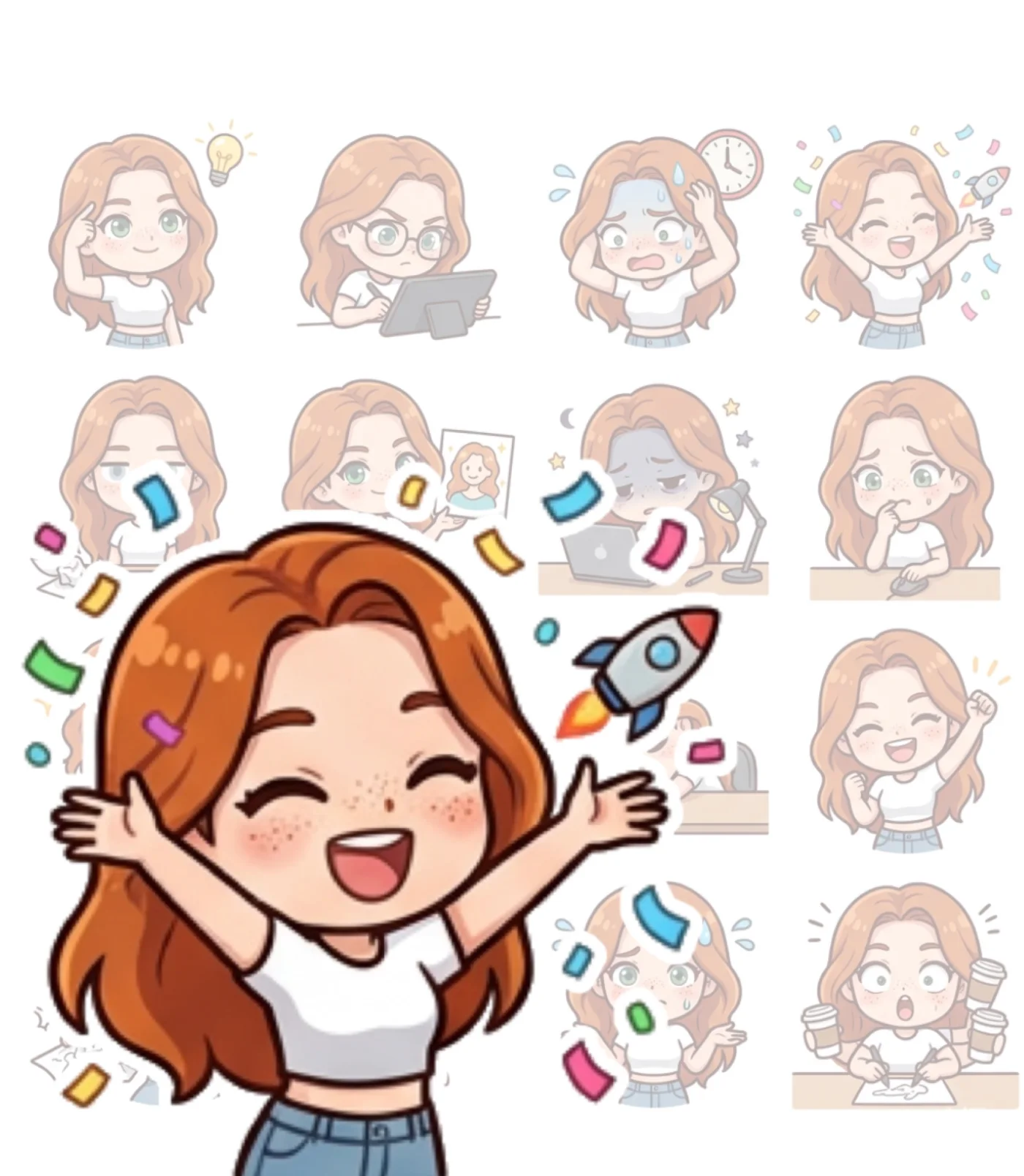 Twelve-cell sticker sheet from Nano Banana 2: a long-haired character in a white tee and jeans, shown thinking, working, panicking and celebrating.
