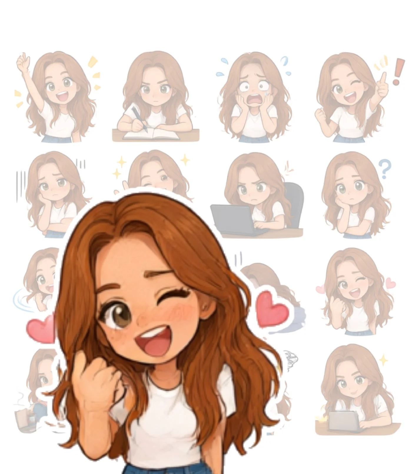 Twelve-cell sticker sheet from Qwen Image 3.0: a softly shaded long-haired character in a white tee, with hearts and expression marks.