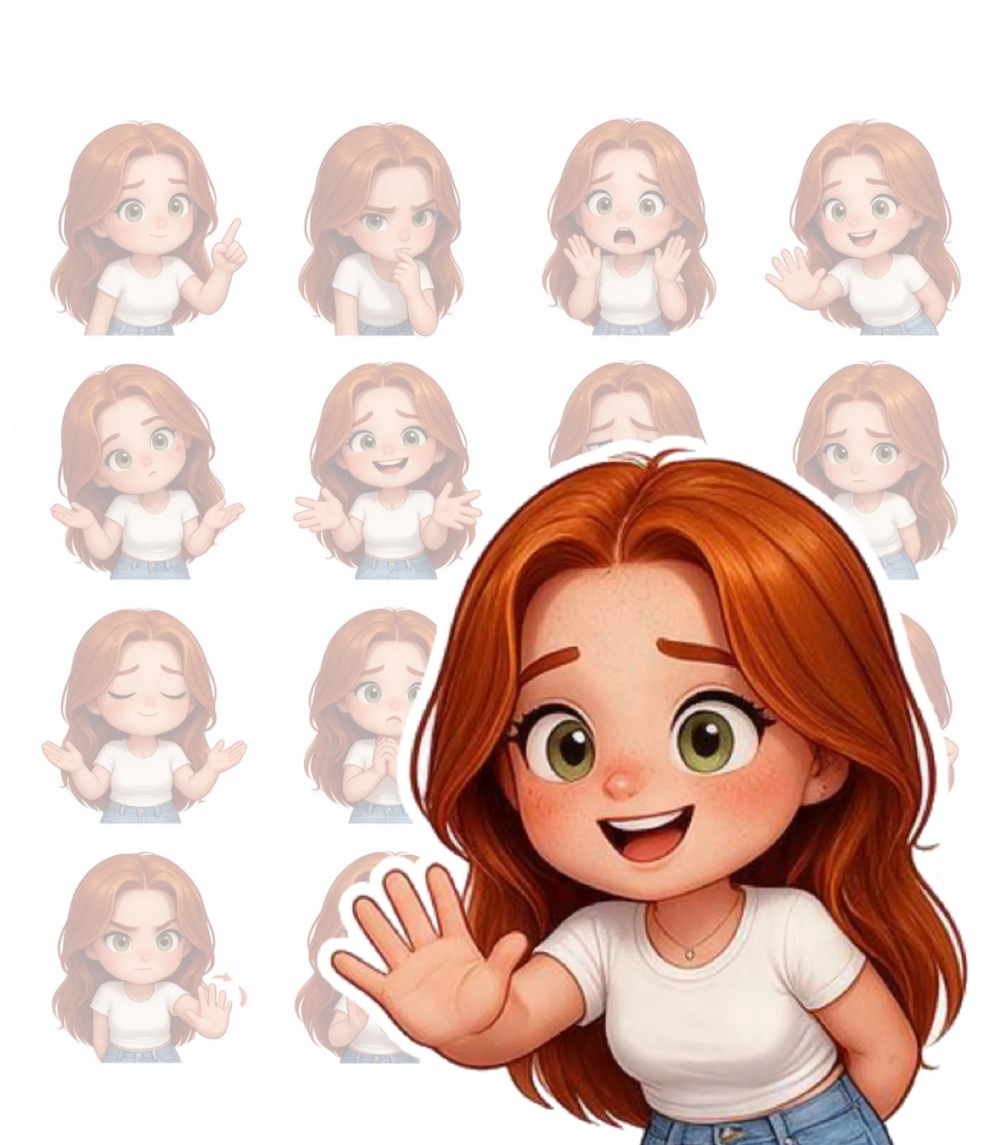 Twelve-cell sticker sheet from Seedream 5 Pro: a round-featured character in a white tee on plain white, gesturing and waving.